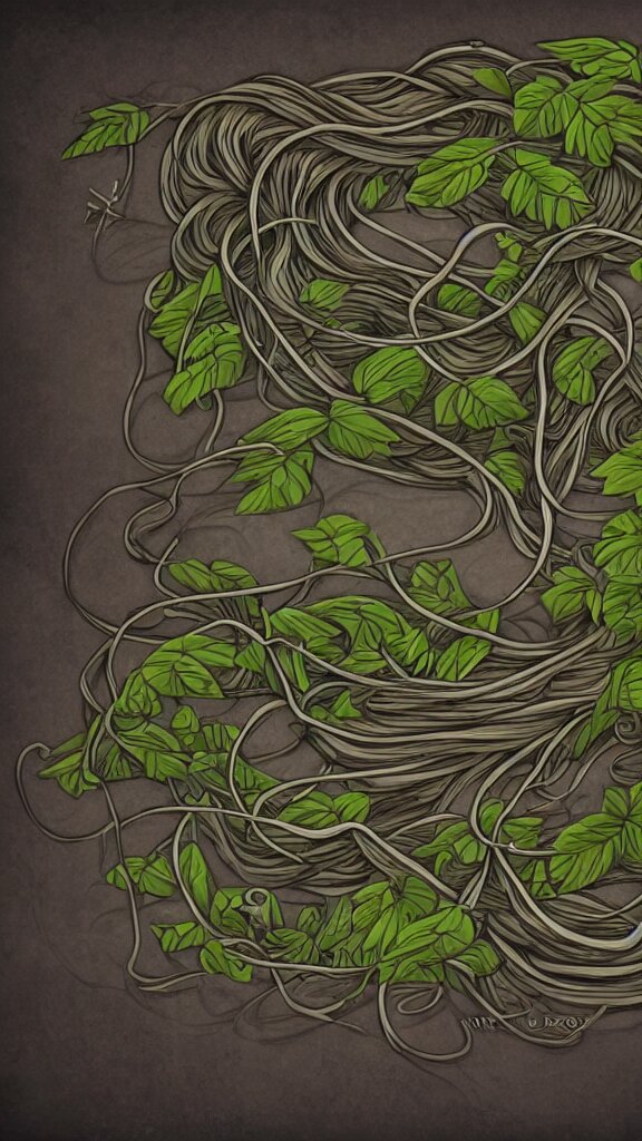 a Ukulele with Long Thick Vines Wrapping Around It, Art Station, Fantasy Art, Grey Background. Remove the ukulele, add vines coming out of the instrument