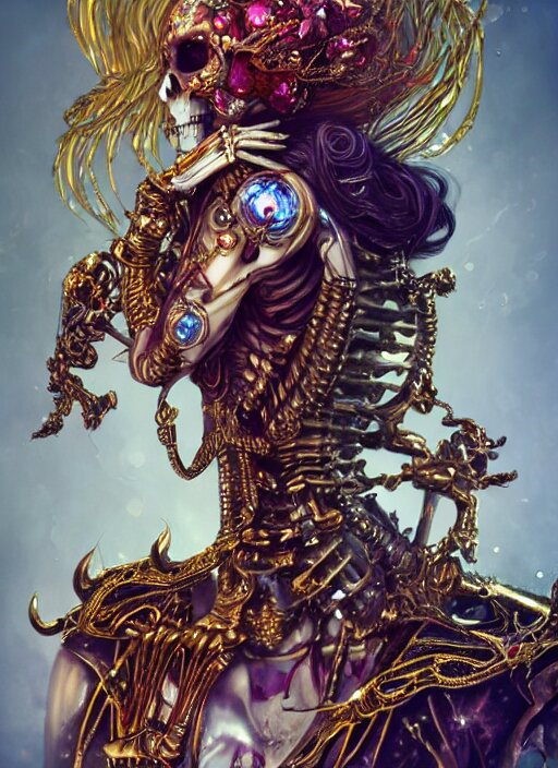 hyperdetailed beautiful androgynous lich skeleton made of iridescent metals and shiny gems covered with blood, long red hair, golden necklace, skeleton inspired by ross tran and wlop and masamune shirow, ultra realistic, concept art, intricate details, highly detailed, photorealistic, octane render, 8 k, unreal engine. dnd digital art by artgerm and greg rutkowski 