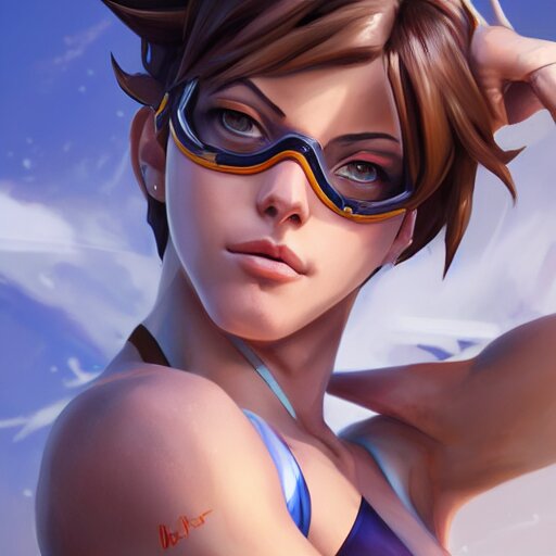 A highly detailed portait of tracer from overwatch in a bikini, digital art, pretty face, muscular, very beautiful face, very detailed eyes, 8 k resolution, by wlop, greg rutkowski, full body