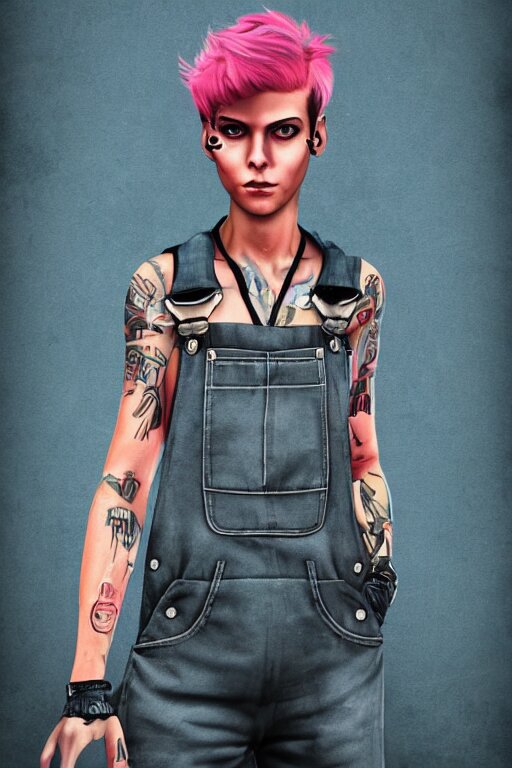 an androgynous punk girl with short hair who is a mechanic wearing overalls, digital illustration, digital concept art, digital painting, decorative background, trending on artstation