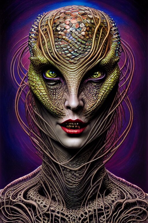 single face portrait. complex hyper-maximalist overdetailed cinematic cosmic scifi portrait of an elegant very attractive but wild and dangerous humanoid reptilian goddess by andrei riabovitchev, tomasz alen kopera, oleksandra shchaslyva. Omnious intricate. Secessionist portrait illustration. Poison goddes. Slightly influenced by giger. Zerg human hybrid goddes. Unreal engine 5. Focus on face. Artstation. Deviantart. 8k 4k 64megapixel. Cosmic horror style. Rendered by binx.ly.