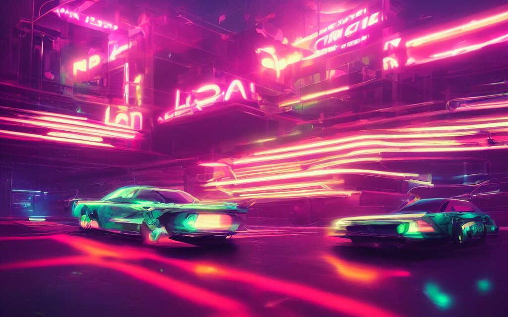 A CAR DRIFTING ON A NEON ROAD, DIGITAL ART BY BEEPLE, IN THE STYLE OF OUTRUN. make the road disappear