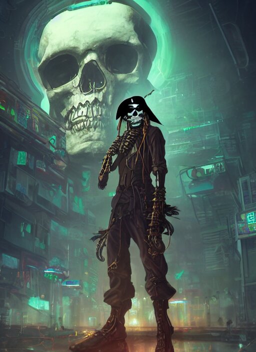 a cyberpunk hacker pirate captain skeleton with a pirate hat sitting in front of a huge old crt monitor in a dark room, only light coming from crt monitor, highly detailed, intricate, digital art, trending on artstation, trending on cgsociety, by greg rutkowski