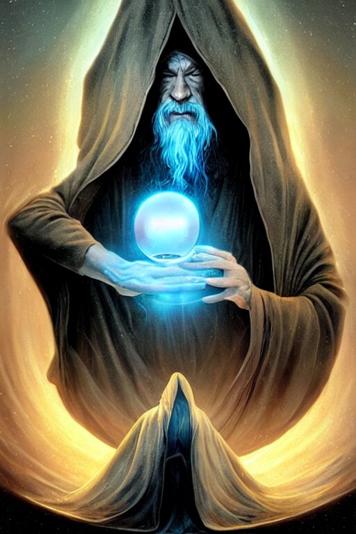 hooded bearded man holding a planet in his hand, maximalist”
