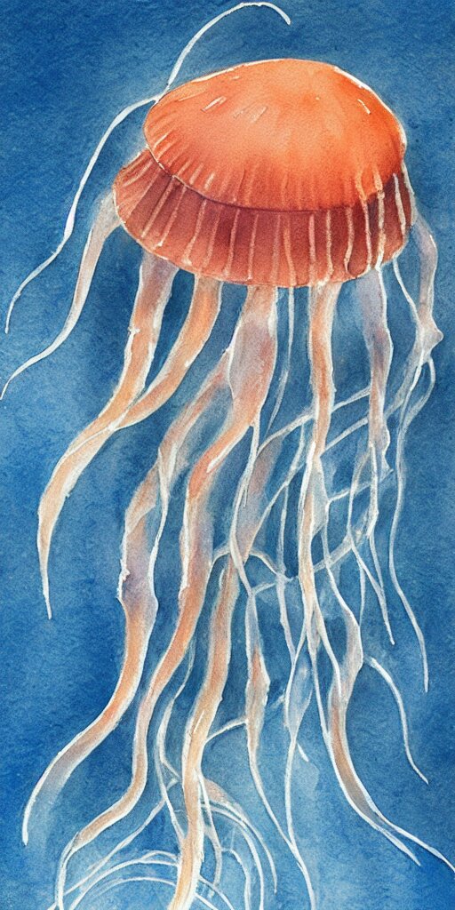 A Realist Watercolor Painting of a Beautiful Jellyfish Underwater, in the Style of Joseph Zbukvic. add a deep red tone to the jellyfish to achieve the desired realism