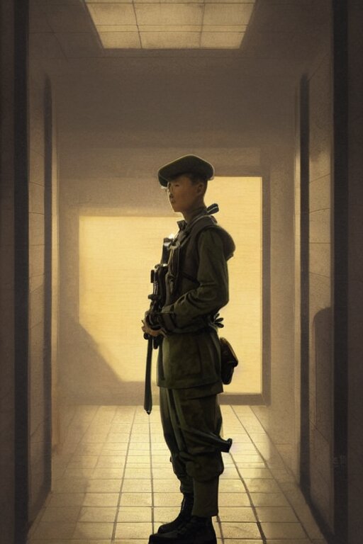 korean soldier, standing in an office hallway, dramatic backlighting, autochrome, high contrast, highly detailed, sharp focus, digital painting, concept art, illustration, trending on artstation, art by greg rutkowski and greg hildebrandt, composition by alphonse mucha