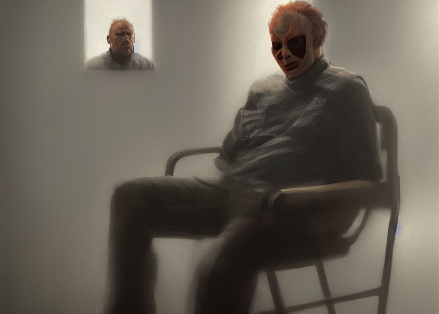 Michael Myers Sitting In The Waiting Room Of An Optometrist - Sharp Focus, Trending On ArtStation, Masterpiece, by Greg Rutkowski. make it a horror movie scene