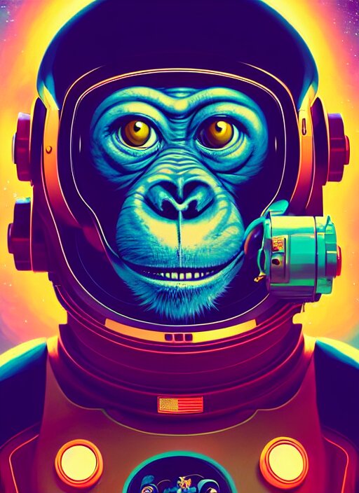 retrofuturistic portrait of an monkey in astro suit, space graphics art in background, close up, wlop, dan mumford, artgerm, liam brazier, peter mohrbacher, 8 k, raw, featured in artstation, octane render, cinematic, elegant, intricate, 8 k, unreal engine render 