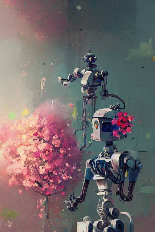 a painting of a robot with flowers in front of it, a digital painting by Ismail Inceoglu, trending on Artstation, environmental art, made of flowers, reimagined by industrial light and magic, artstation hd. make it a robot with a human face