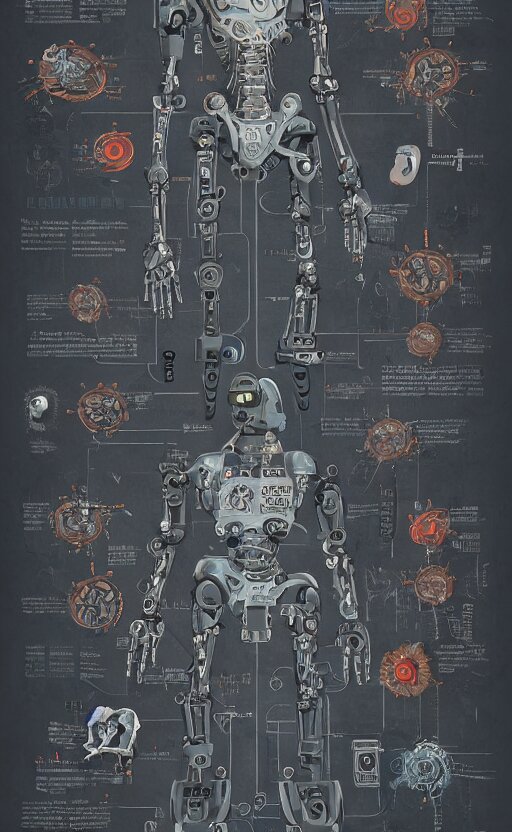 Anatomy of the Terminator, Robot, Cyborg, T100, Bloodborne Diagrams, Mystical Intricate Ornamental Tower Floral Flourishes, Rule of Thirds, Technology Meets Fantasy, Map, Infographic, Concept Art, Art Station, Style of Wesley Anderson. make the robot a superhero