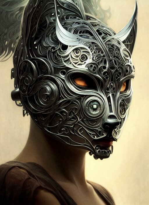 organic cyborg, wolf mask opening to reveal radiant beautiful face, diffuse lighting, fantasy, intricate, elegant, highly detailed, lifelike, photorealistic, digital painting, artstation, illustration, concept art, smooth, sharp focus, art by John Collier and Albert Aublet and Krenz Cushart and Artem Demura and Alphonse Mucha