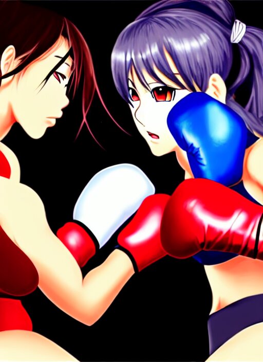 two beautiful female boxers punching each other in the face in front of a crowd, each punch makes sparks from the gloves, dim lighting, gorgeous features, smooth, detailed anime art