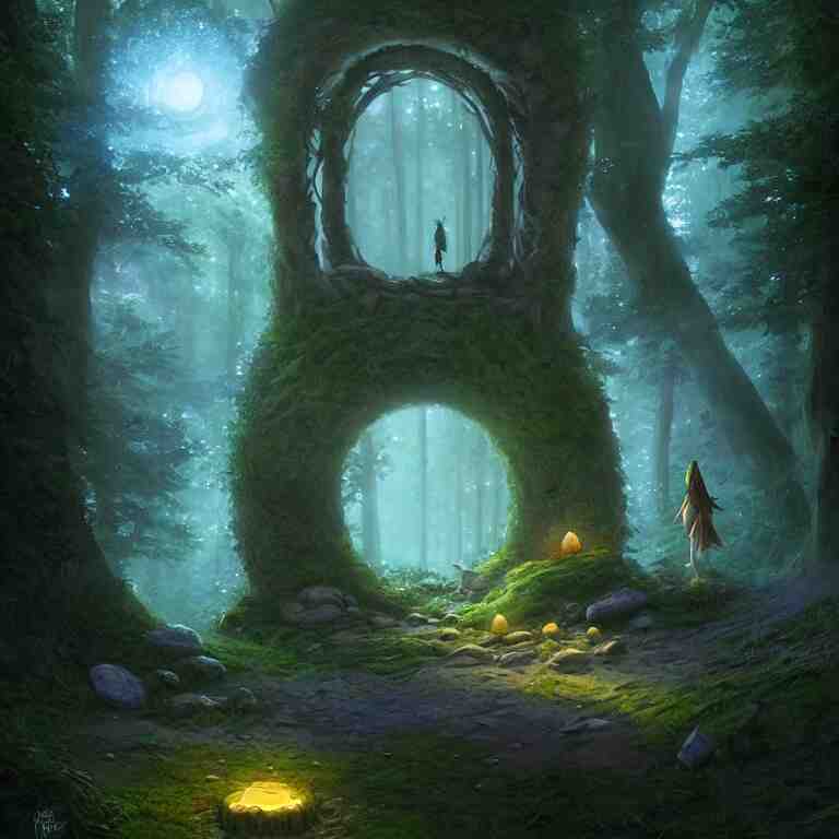 Fantasy Magical fairy-tale glowing stone portal in the forest. Round stone portal teleport in trees to other worlds. Fantastic landscape. Magic Altar in the fores, highly detailed, digital painting, concept art, smooth, sharp focus, illustration, art by greg rutkowski