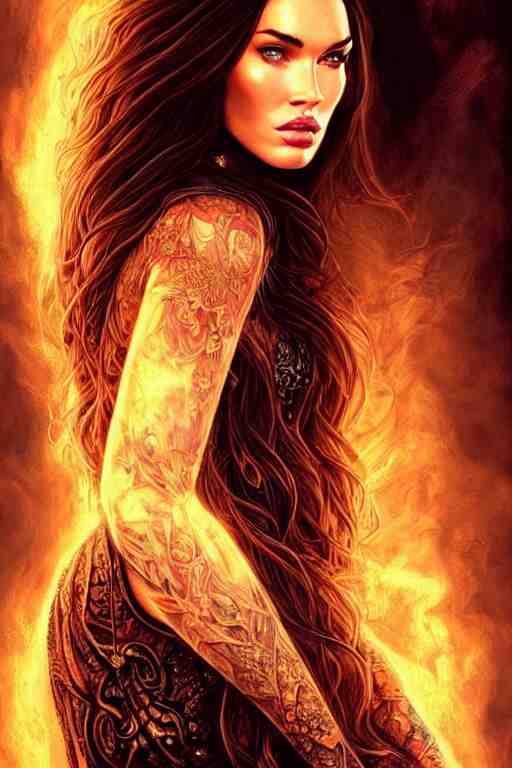 majestic and regal portrait of a beautiful young megan fox fire goddess!!, intricate, epic, elegant, menacing, fantasy, highly detailed, digital painting, hard focus, beautiful volumetric lighting, epic light, ultra detailed, souls, smoke, by leesha hannigan, ross tran, thierry doizon, kai carpenter, ignacio fernandez rios