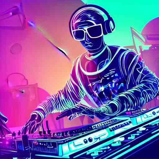 detailed artwork of a futuristic hardstyle music dj at an mainstage festival rave in the style of Sandra Pelser, sunglasses, wires, speakers