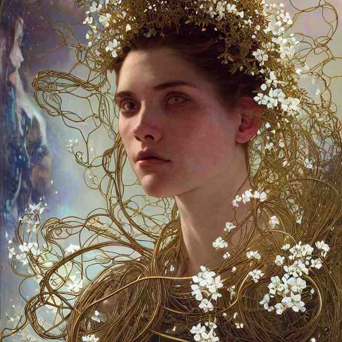 hyperrealist portrait of a 2 0 4 4 space sport engineer, it is decorated with long gold wires and white flowers that fall like vines and wears a huge computer crown. by jeremy mann and alphonse mucha, fantasy art, photo realistic, dynamic lighting, artstation, poster, volumetric lighting, dramatic light, very detailed faces, 8 k, award winning, digital art