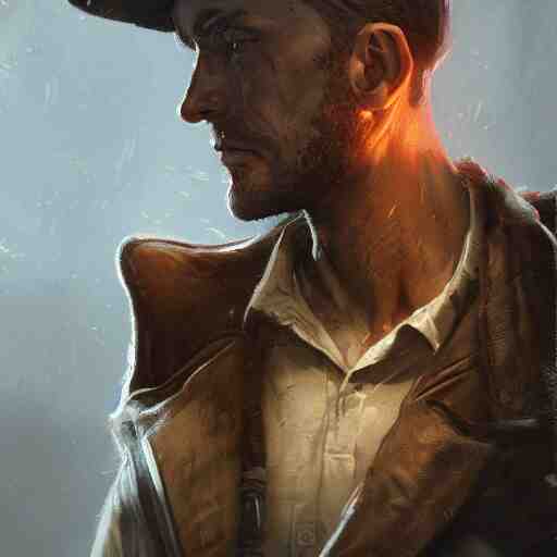 portrait of a man with a long duster, almost grey hair and a cowboy hat, harsh good looking face, drawn by Ruan Jia, fantasy art