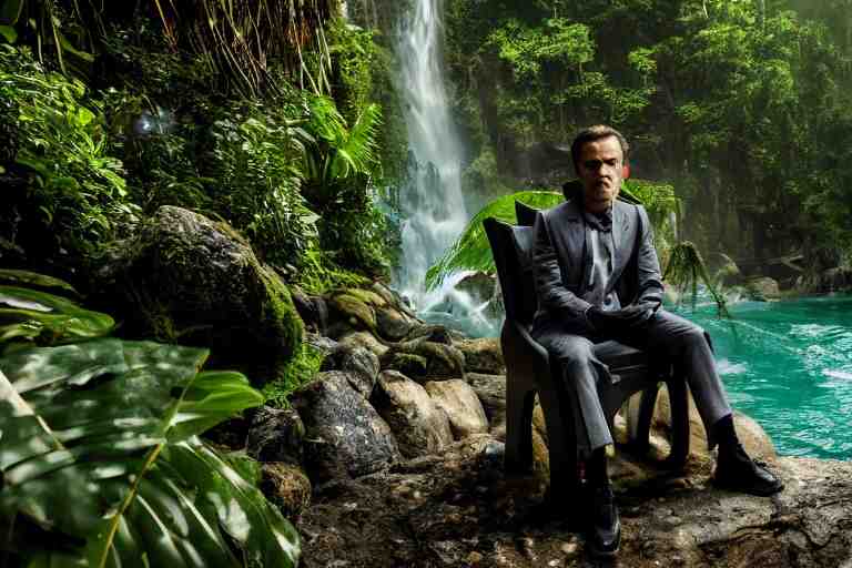 movie closeup young man with a grey beard in a cyberpunk suit sitting on a futuristic chair at the edge of a jungle waterfall by emmanuel lubezki